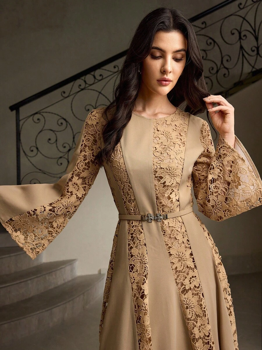 ZEYLAH Váy ren thêu họa tiết mùa thu thanh lịch dành cho nữ, hòa tan trong nước - Màu Khaki - Xem 1