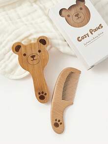 Cozy Pixies 2 Pieces Set Of Baby Care Tools, Wool Bear Wooden Comb Brush, Gift Box Set, Newborn Comb Brush.