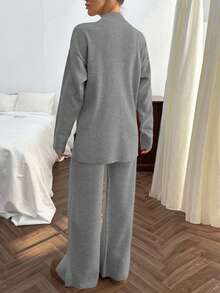 SHEIN Cottnline Rib Pattern Pocket Pullover Pant Knit Set Stay At Home Dark Grey Autumn Casual Everyday - Grey - View 2