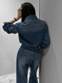 DAZY 女士时尚牛仔连体裤，高品质时尚长袖牛仔套装 - 深色水洗藍 - 查看 2