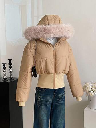 Sweetra Young Elegant Casual Khaki Long Sleeve Padded Coat With Furry Collar, For Teenagers (Female) Fall Winter