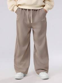 SUMWON 男女通用格纹套穿阔腿裤，休闲抽绳设计，舒适百搭，经典格纹图案，宽松版型，适合日常穿着，秋冬季经典款 - 卡其色 - 查看 4