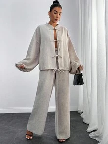 EURMUSE Casual Style, Premium Quality Linen, Keep Cool In Warm Weather, Effortless Weekend Outfit, Two Pieces Set, Tie Front Detailed Balloon Sleeve Top With Relaxed Pant - Beige - View 4