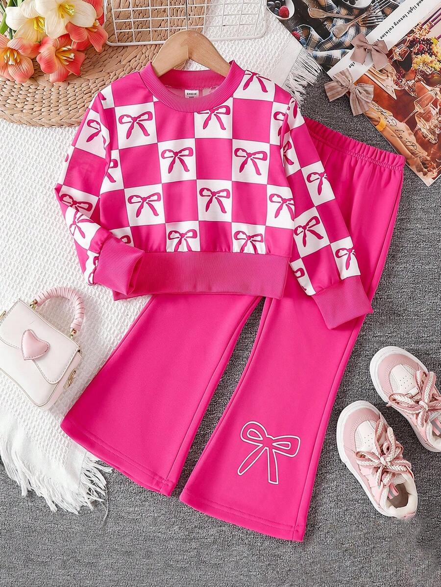 Sparklyn 2pcs/Set Girls' Casual Purple Bow Decor Cute Style Set Fall Winter - Hot Pink - View 1