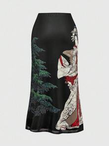 ROMWE Avant Spring/Summer Vacation Graphic Black Vintage Japanese Geisha & Pine Tree Calligraphy Print Side Slit Mesh Skirt For Women - Black - View 2