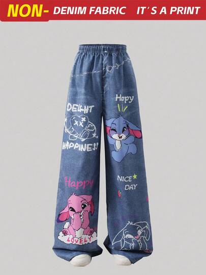 SHEIN ChillGRL Pantalones largos casuales negros con estampado de dibujos animados, estilo callejero para adolescentes, temporada de regreso a clases 2025, conjuntos universitarios y ropa deportiva para el campus, temporada de regreso a clases 2025