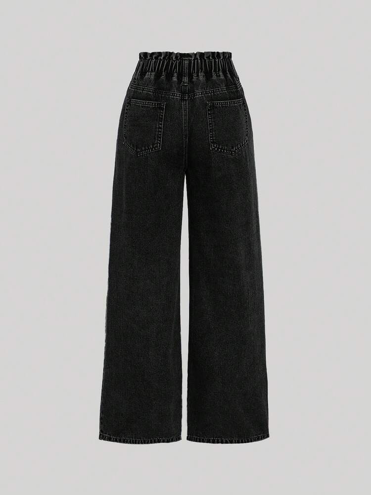 SHEIN Girlism Jeans à jambes larges de couleur unie, taille élastique, polyvalents et décontractés pour adolescentes et jeunes filles - Noir - Voir 2