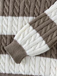 SHEIN Tween Girls Striped Color Block Cable Knit V-Neck Lantern Sleeve Oversized Pullover Sweater, Suitable For Autumn/Winter Outings Fall - Khaki - View 5