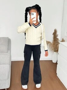 Tween Girl 纯色条纹细节 V 领条纹麻花针织休闲毛衣，秋冬保暖，返校日穿 - 杏色 - 查看 4