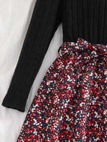 SHEIN 1 件女童圆领长袖罗纹针织拼布花卉下摆连衣裙，甜美淑女，秋季 - 黑色 - 查看 5