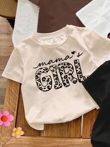 SHEIN 4 件年轻女孩休闲简约奶油白色复古豹纹心形字母“Mama's Girl”图案圆领短袖 T 恤，适合春夏季 - 彩色 - 查看 4