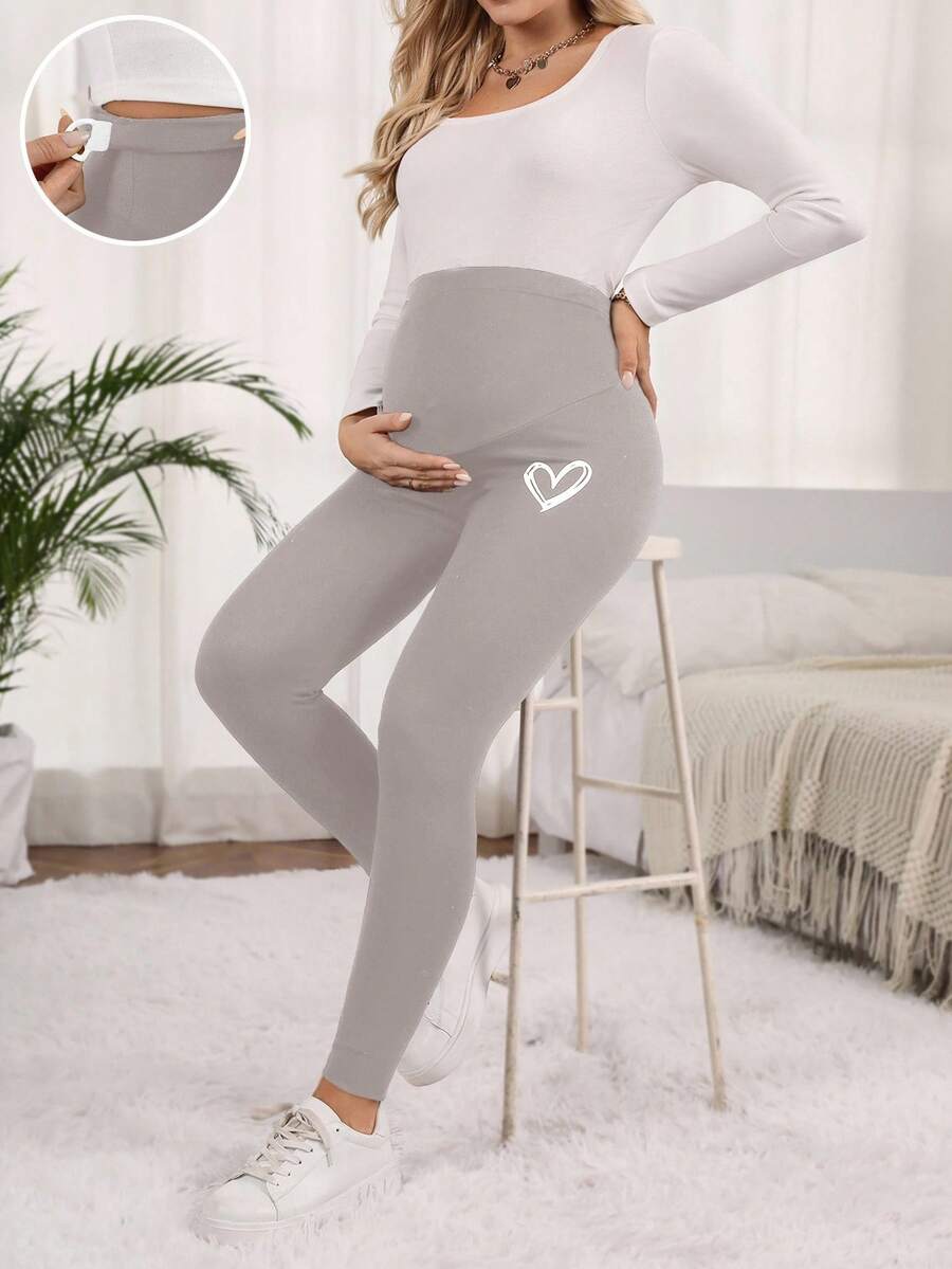 SHEIN 孕妇纯色高腰弹力修身休闲紧身裤 - 淺灰色 - 查看 1