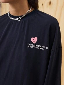COUREZ Camiseta de manga larga con estampado gráfico frontal / Tops para salir de primavera Y2K para mujeres - Azul Marino - Ver 6