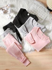 SHEIN 3 Conjuntos de 6 piezas Ropa interior de base para niñas preadolescentes de otoño/invierno, con forro térmico, elástica y suave camiseta acanalada y leggings - Multicolor - Ver 1