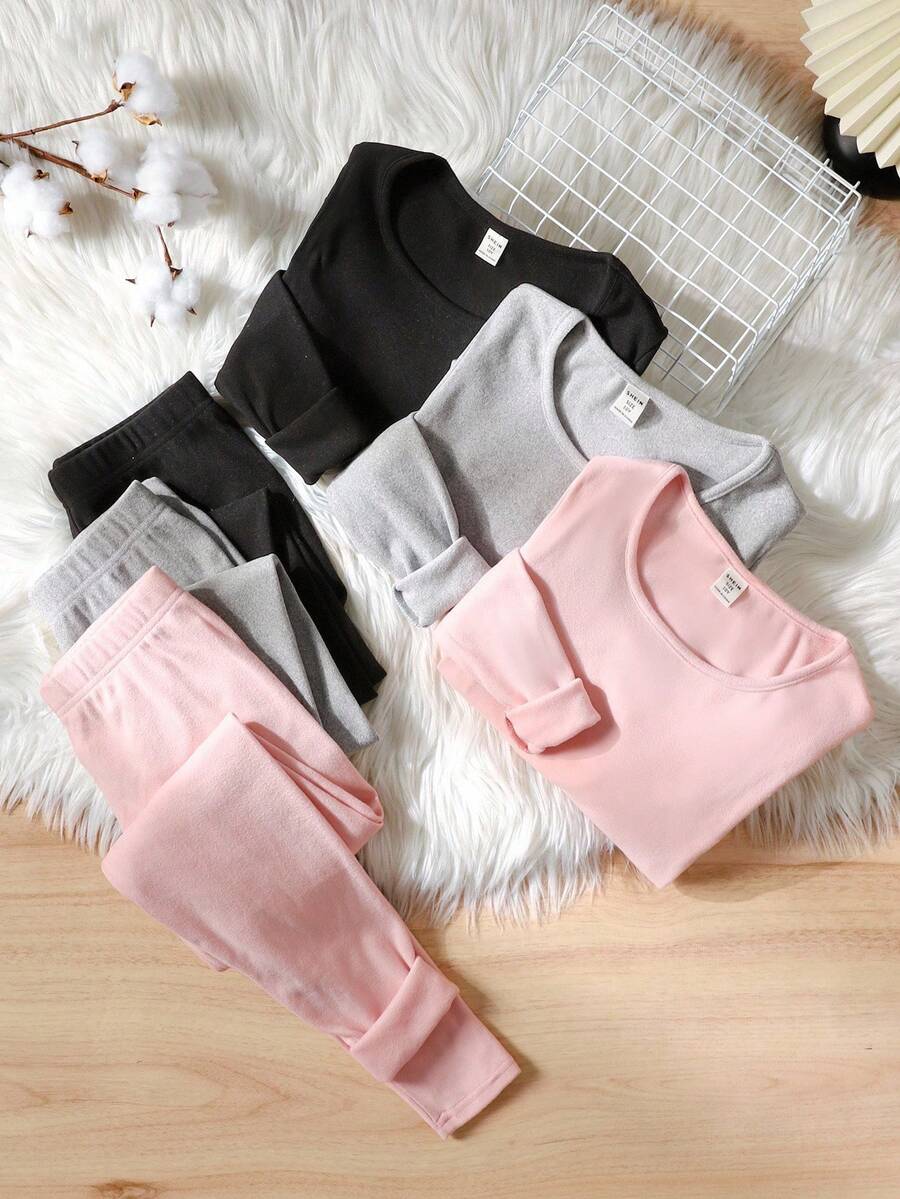 SHEIN 3 Conjuntos de 6 piezas Ropa interior de base para niñas preadolescentes de otoño/invierno, con forro térmico, elástica y suave camiseta acanalada y leggings - Multicolor - Ver 1