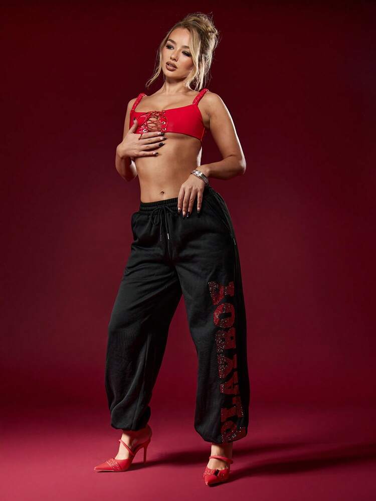 Missguided x Playboy Diamante Cuffed Joggers For Women Sparkly Rhinestone Sweatpants With Elastic Waist And Side Pockets