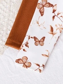 SHEIN Vintaside Kids 2 件女童秋冬连衣裙套装 - 白色蝴蝶印花连衣裙 + 纯棕色长袖公主裙 - 彩色 - 查看 5