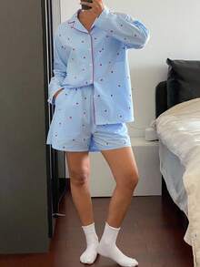 DAZY Damen Pyjama-Set mit durchgehendem Herz-Muster und Kontrastnaht, Herbst-Winter Kleidung