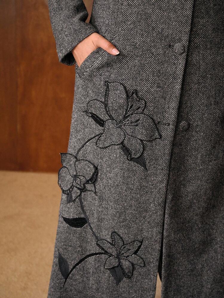 PARDESSUS DÉCONTRACTÉ EN LAINE AVEC BRODERIE FLORALE ET MOTIF À CHEVRONS POUR FEMME