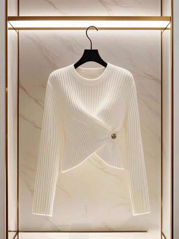 Franclia Camiseta feminina de manga comprida com design exclusivo de malha macia branca e botões decorativos