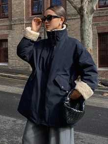 女士休闲宽松夹克，适合秋冬穿着 - 藏蓝色 - 查看 1