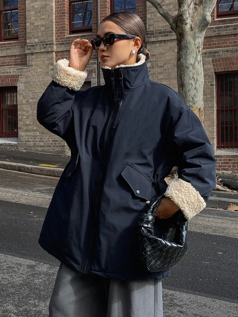 女士休闲宽松夹克，适合秋冬穿着 - 藏蓝色 - 查看 1