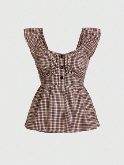 Kawaii Women's Plaid Waist-Cinched Shirt