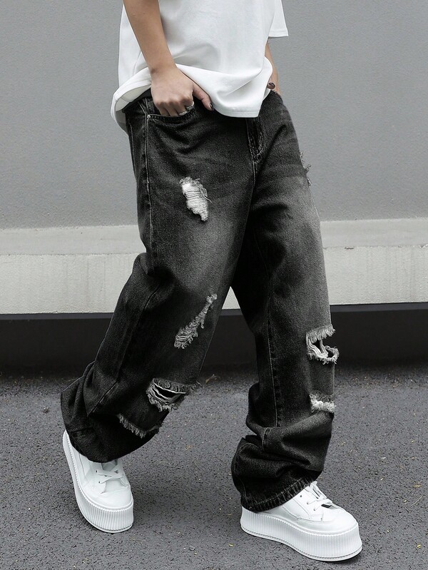 Manfinity EMRG Jeans casuales de hombre con bolsillos en diagonal, ajuste holgado y desgastados, para otoño