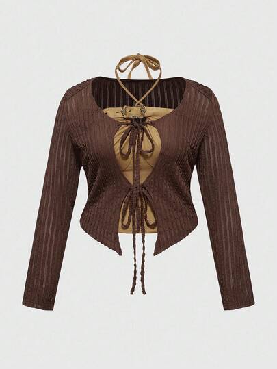 ROMWE Avant Plus Size Vintage Color Block 2 In 1 Suedette Knit Tie Front Halter Shirt Jacket, Autumn/Winter Street Style Plus Size Women Top, Brown Color Women Autumn/Winter Top, Vintage Maillard Color Women Top Jacket