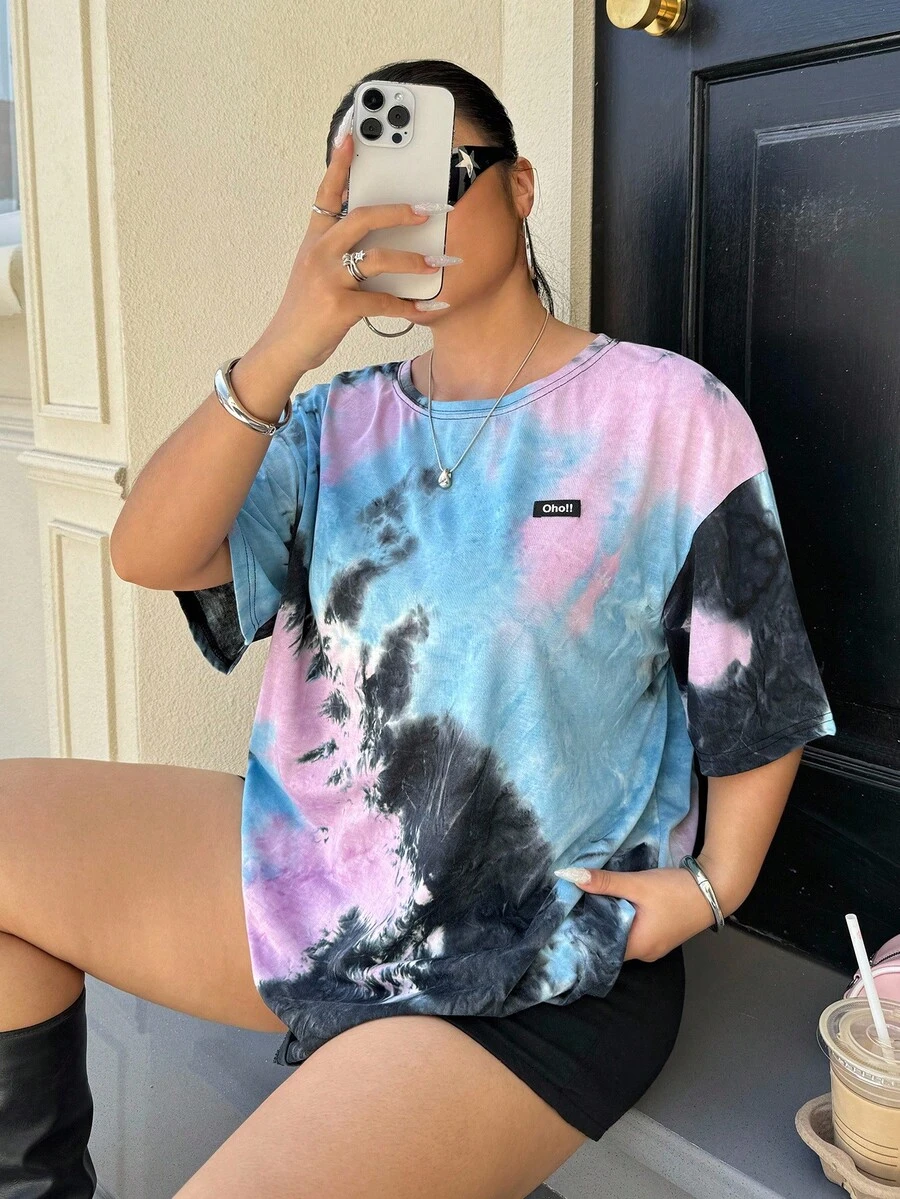 Solflare Plus 扎染字母拼接落肩 T 恤，夏季 - 彩色 - 查看 1