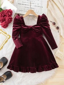 Young Girl Cute & Elegant Red Bow Knitted Long Sleeve Dress - Burgundy - View 7