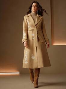 Anewsta 优雅端庄重重刺绣精致配色优雅感恩节、圣诞节、新年派对长款毛呢大衣秋冬 - 卡其色 - 查看 5