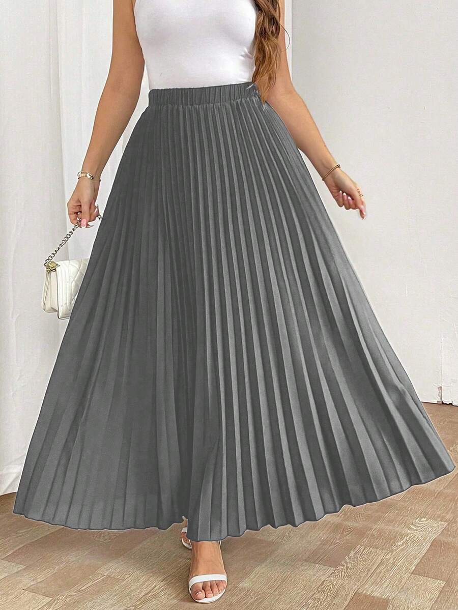 SHEIN Tall 优雅休闲度假女式宽松百褶裙，松紧腰，黑色，加大码 - 灰色 - 查看 1