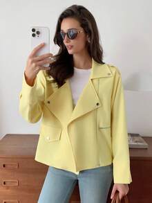 Elyressa Women's Zipper Design French Casual Daily Commute Fashion Elegant Street Vintage Versatile Holiday Business Pale Yellow Autumn/Winter Long Sleeve Motorcycle Jacket