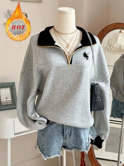 Lalippa Women's Loose Fit Contrast Color Zipper Sweatshirt With Knight Embroidery, Suitable For Casual, Teacher, Back To School Wear, Autumn