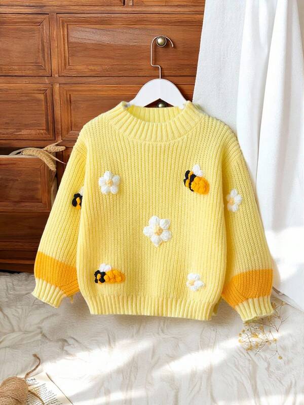 SHEIN Vintaside Kids 1pc Soft, Skin-Friendly, Durable, Anti-Pilling Cute 3D Bee & Flower Decor Vibrant & Adorable Yellow Crew Neck Sweater, Contrast Yellow Sleeve Design, Lightweight Autumn/Winter Girls Sweater, Versatile For Daily, Casual, School, Shopping Occasions Fall