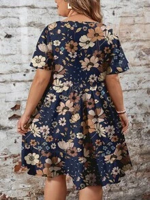 EMERY ROSE Váy cổ tròn tay ngắn họa tiết hoa cổ điển rộng rãi, phù hợp cho mùa thu/đông - Màu xanh hải quân - Xem 2
