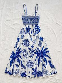 Soleia Plus Size Women Tropical Bird, Palm Tree & Floral Print Waist Cinched A-Line Midi Dress, Vacation Style