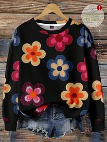 EMERY ROSE Sudadera de mujer talla grande con estampado floral texturizado, adecuada para atuendos de otoño/invierno - Multicolor - Ver 1