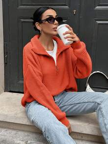 EURMUSE Woman Zipper Collar Loose Fit Comfy Warm Sweater - Burnt Orange - View 3