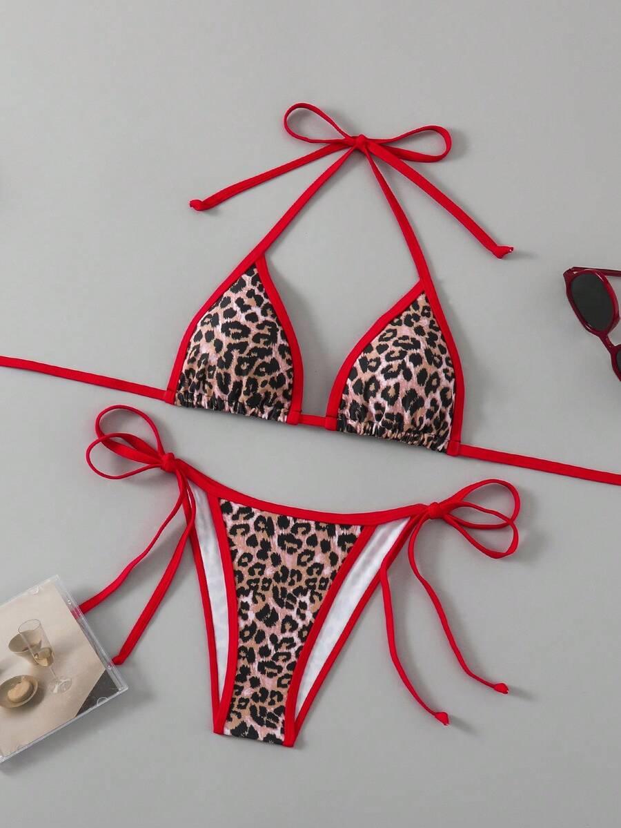 Swim Vcay Women's Halter Neck Backless Leopard Print Patchwork Bikini Top And Bottom Casual Suit Summer - Multicolor - View 1