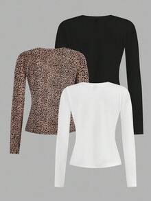 Slaydiva 3pcs/Set Plus Size Women Crew Neck Casual Tight Fit Long Sleeve T-Shirt Set, Suitable For Autumn/Winter