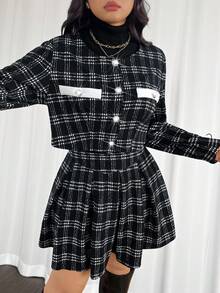 Firerie 大码女士优雅通勤工作服精致高端下午茶略带性感约会音乐会学院复古黑白格子印花长袖夹克和褶皱迷你裙，秋季/冬季开学装法兰绒星期三亚当斯
