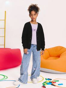 SHEIN 青少年女孩黑色纹理针织开衫，百搭宽松毛衣夹克 - 黑色 - 查看 3