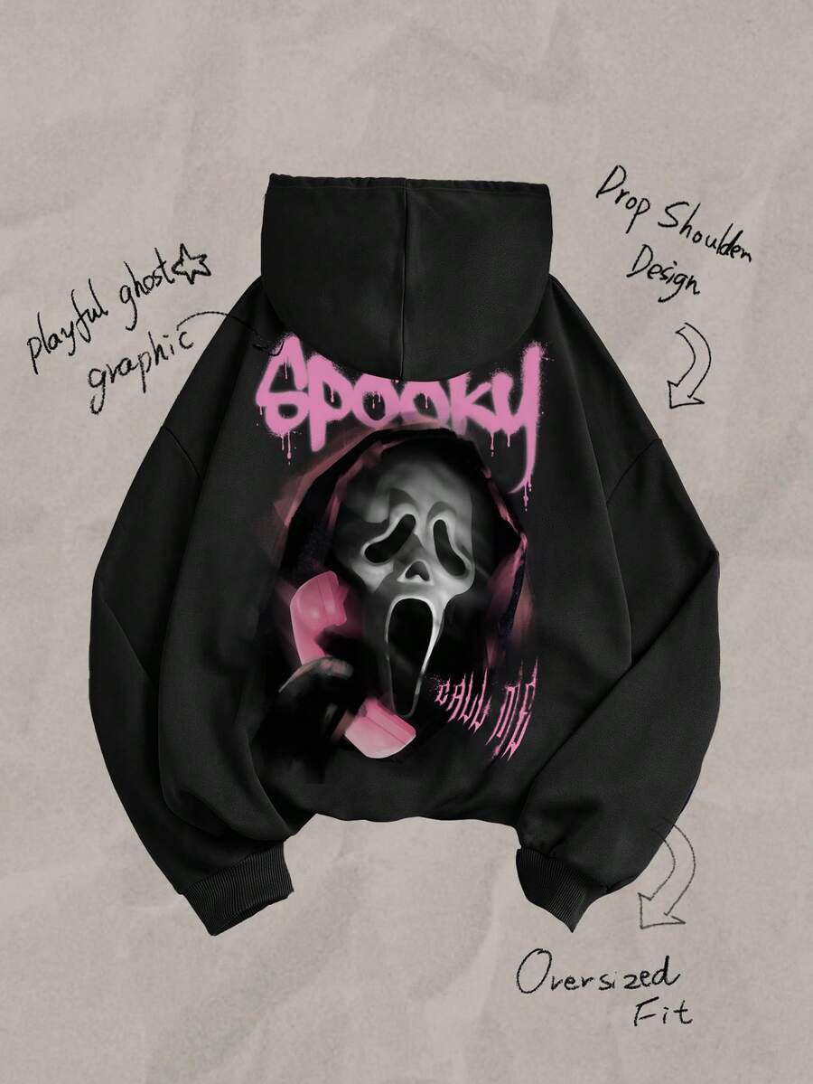 Tseoso 休闲简约尖叫鬼电话印花连帽衫宽松女式运动衫 - 黑色 - 查看 1