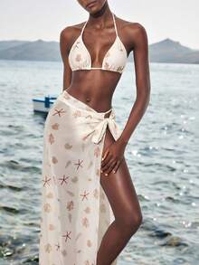 Maija Women's Elegant Shell & Starfish Random Print Chiffon Dress Set, Suitable For Vacation - Apricot - View 6