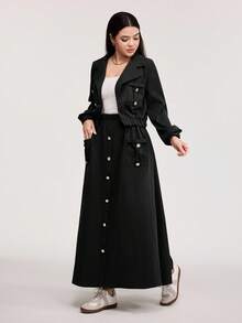 Veilorie Zestaw 2 szt.: Kurtka robocza z kieszeniami, stójką i spódnicą marszczącą talię, codzienny zestaw biurowy 2 szt. - Czarne - Zobacz 3