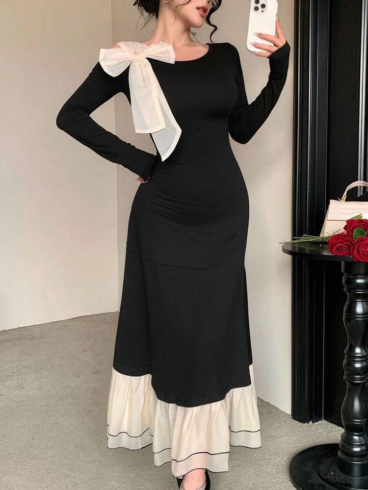 Tall Women's Contrast Color Oversized Bow Decor Elegant Dress