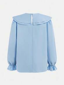 SHEIN 少女宽松休闲舒适荷叶边蝴蝶结衬衫，返校季 - 藍色 - 查看 3