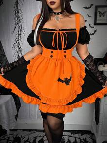 Whyspr Váy hở vai họa tiết dơi Halloween cỡ lớn, dành cho tiệc Halloween - Nhiều màu - Xem 2